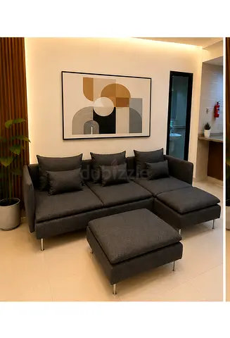 Stylish L-Shape Couch with Ottoman. High-quality materials, comfortable seating, and elegant look.