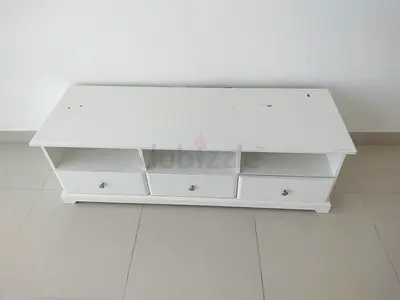 White TV Stand with Three Drawers and Shelves