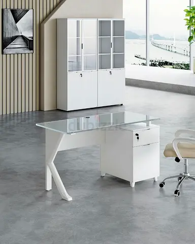 Modern White Glass-Top Office Desk with Lockable Pedestal