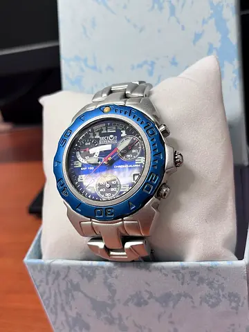 Mens Stainless Steel Chronograph Watch with Blue Bezel