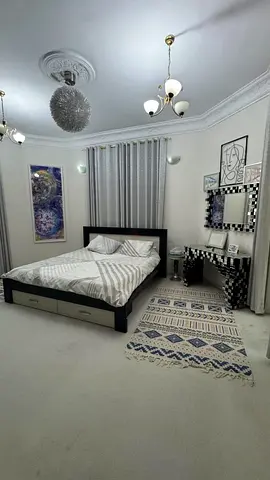 Modern Wooden Bed Frame with Underbed Storage Drawers and 1 side table and 1 mattress and 2 pillows.