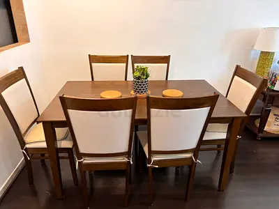 Solid Wood 6-Seater Dining Table with Cushioned Chairs - Dark Brown