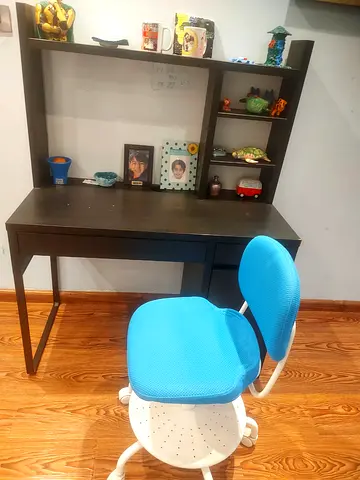Study Desk with Upper Shelves and Blue Ergonomic Chair