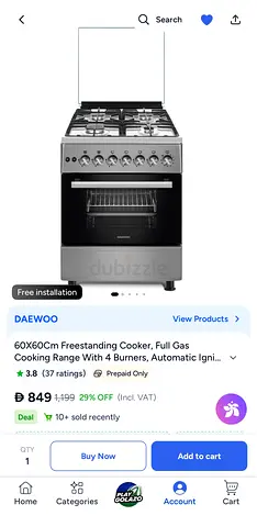 Daewoo 60x60cm Freestanding 4-Burner Gas Cooker with Oven