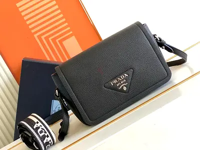 Prada Flap Shoulder Bag in Black Grained Leather