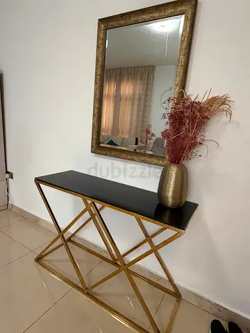 Glass Top Gold Frame Console Table with Black Shelf