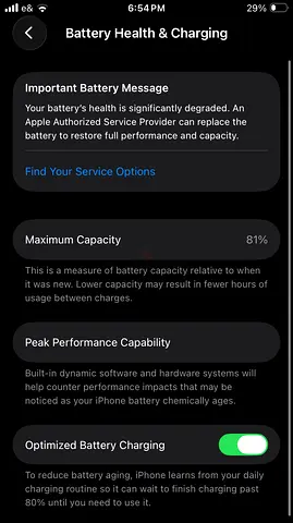iPhone with 81% Battery Health (Needs Battery Replacement Soon)