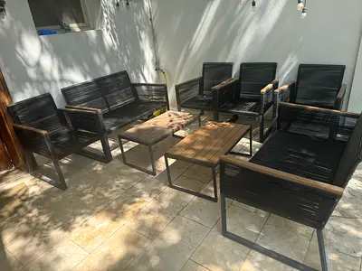 Outdoor patio lounge set - 6 chairs, 2 sofas and 2 tables (used)