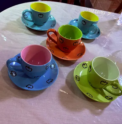 Colorful Ceramic Tea Cup and Saucer Set with Apple Print