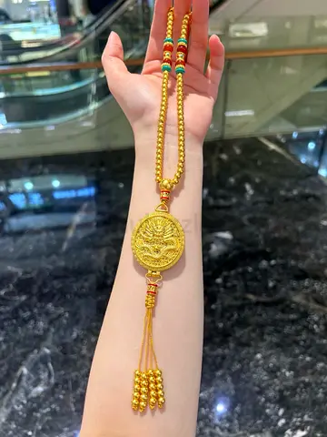Gold-tone Dragon Pendant Beaded Necklace with Tassel