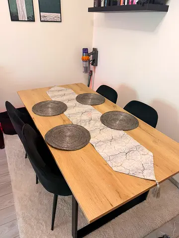 Oak-style Dining Table with 4 Velvet Chairs - Perfect Condition