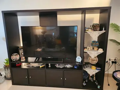 Dark Wood Entertainment Unit with Shelves and Cabinets