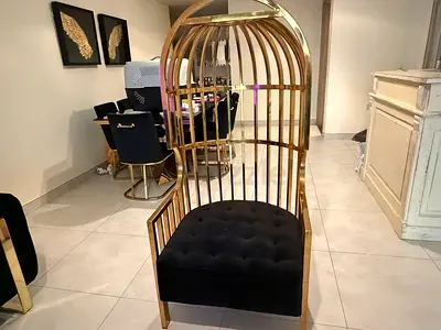 Gold Cage-Style Accent Chair with Black Upholstery