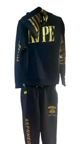 Black  Gold AAPE by Bathing ape  Hoodie and Joggers Set with Gold Print -