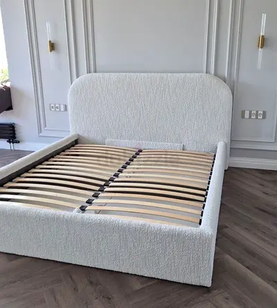 White Bouclé Upholstered Queen Bed Frame with Headboard