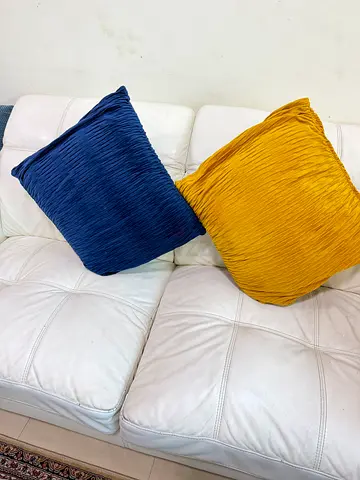 Set of 2 Decorative Pleated Throw Cushions - Blue  Mustard
