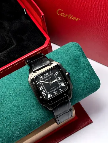 Cartier Santos-style Mens Black Watch with Leather Strap