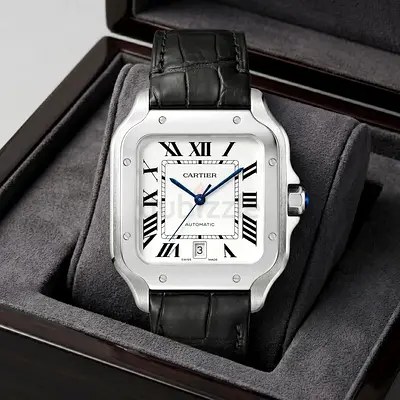 Cartier Santos Automatic Mens Watch with Black Leather Strap