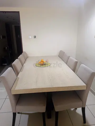 Solid Wood Dining Table with 8 Upholstered Chairs - Light Oak Finish