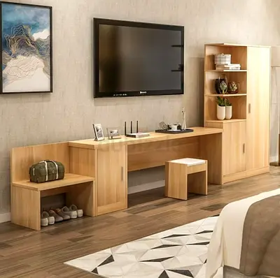 Light Wood Bedroom TV Unit with Storage Cabinets and Shelves