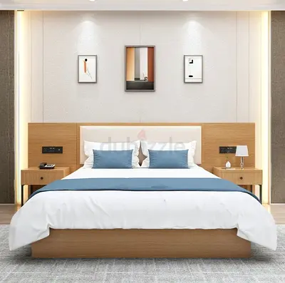 Modern wooden queen bed with integrated bedside tables — excellent condition