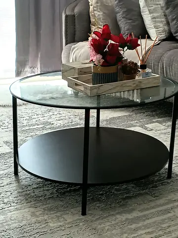 Round Glass Coffee Table with Lower Shelf - Modern Black Frame