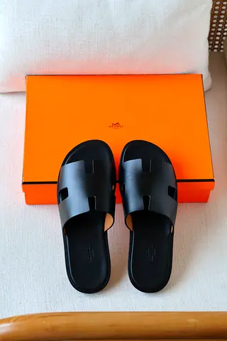 Hermes-style Black leathe slide sandals, sizes available