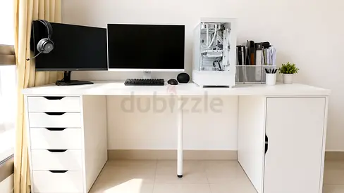 Large White Office Desk with Drawers and Cabinet