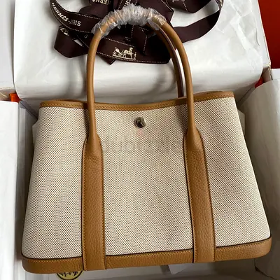 Hermes Garden Party 30 in Toile and Biscuit Leather