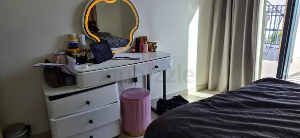 White vanity dressing table with mirror and pink stool - good condition