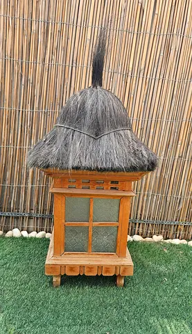 Wooden Decorative Lantern with Thatch Roof - Outdoor Decor
