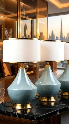 Pair of Ceramic Table Lamps with Brass Accents and White Shades