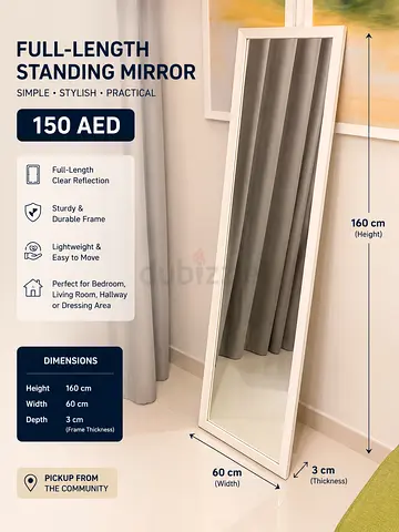 Full-length Standing Mirror - 160cm x 60cm (White Frame) - 150 AED