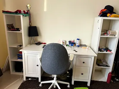 White wooden desk with matching shelving units, lamp and study chair - used