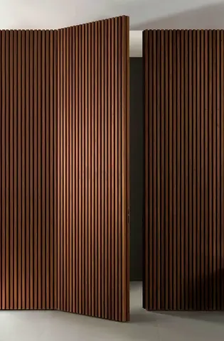 Wooden folding room divider / privacy screen - dark slatted panels