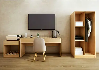 Light wood bedroom furniture set: desk, chair and open wardrobe