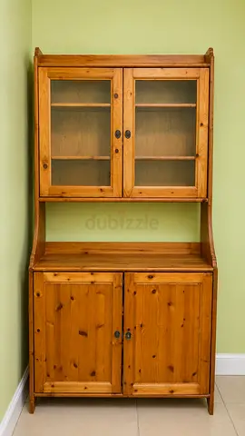 Ikea Solid Pine Kitchen Hutch / Cabinet with Glass Display Top