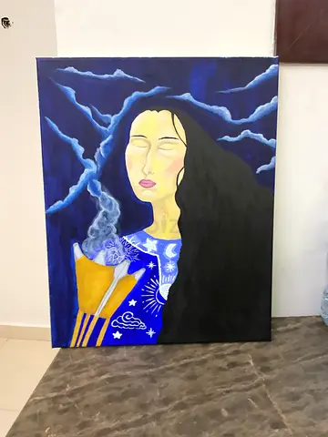 Original Acrylic Painting of Woman with Night Sky Motif - 60x80cm (approx) signed