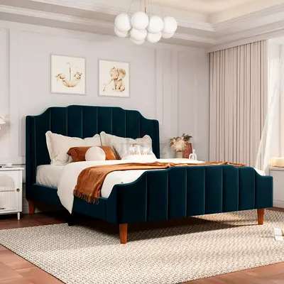 Velvet Upholstered Double Bed with Headboard and Wooden Legs - Dark Teal