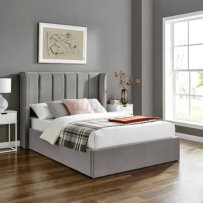 Grey velvet fabric  bed with wingback headboard with Mattress