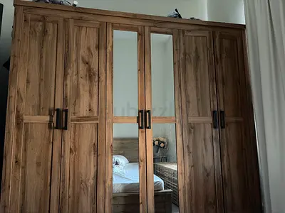 Solid Wood 6-Door Wardrobe with Mirrors — Rustic Finish