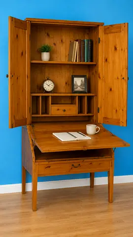 Vintage Pine Wall-Mounted Desk with Cabinet