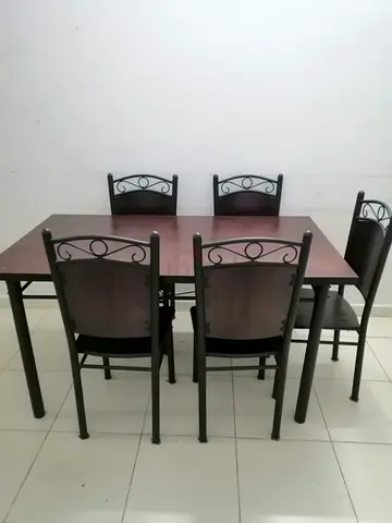 Dark Wood Dining Table with 6 Metal Frame Chairs