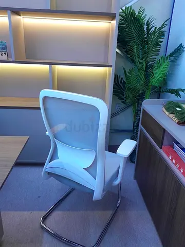 Modern white mesh office visitor chair with chrome sled base