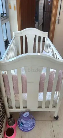 White Wooden Baby Crib with Mattress - Good Condition