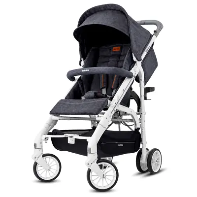 Lightweight grey baby stroller with canopy and storage basket