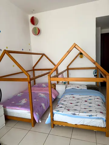 Pair of Wooden House-Frame Floor Beds / Twin Kids Mattresses Included