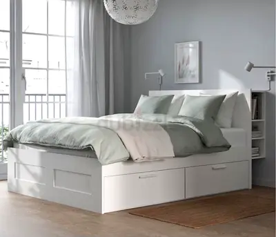 IKEA NORDLI style king bed frame with storage drawers - white, with mattress, sheets and book shelf