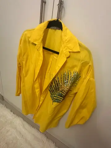 Yellow womens blouse with sequin pineapple detail - size Large