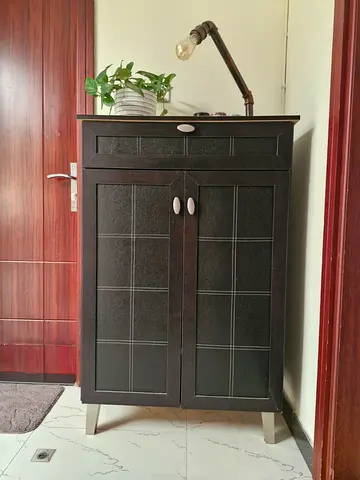 Dark Wood Shoe Cabinet with Drawer and Metal Legs